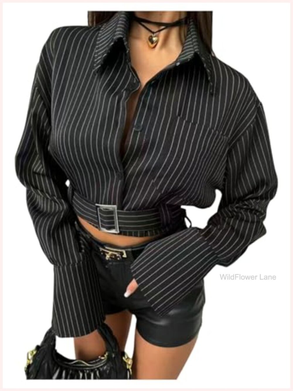 Y2K Striped Button Down Cropped Blouse Collared Long Sleeve Top
